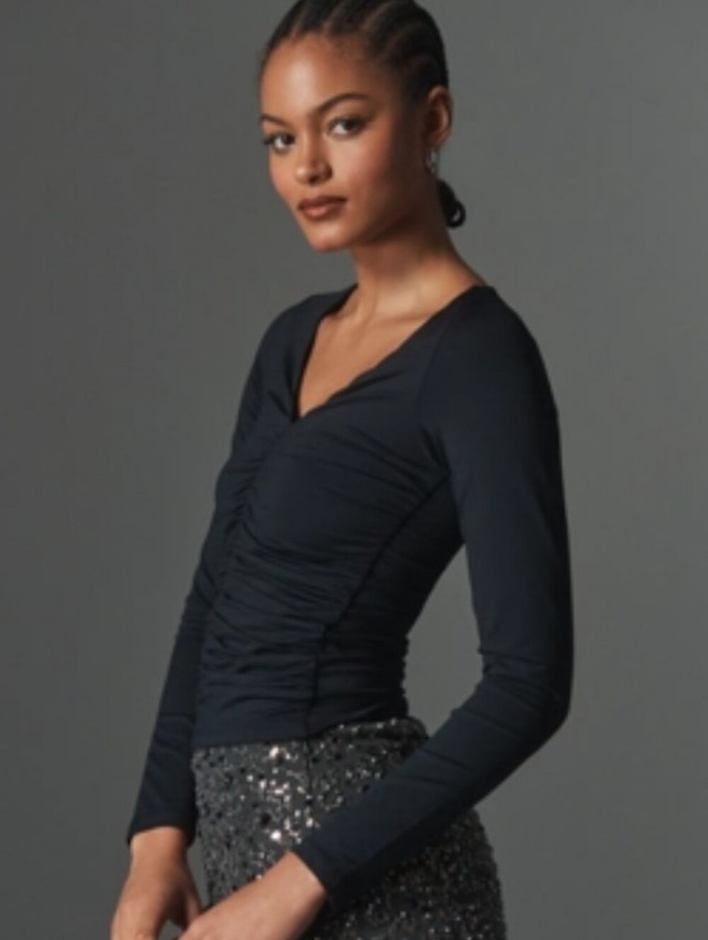 NWT Maeve Taupe Ruched V-Neck Long Sleeve Top